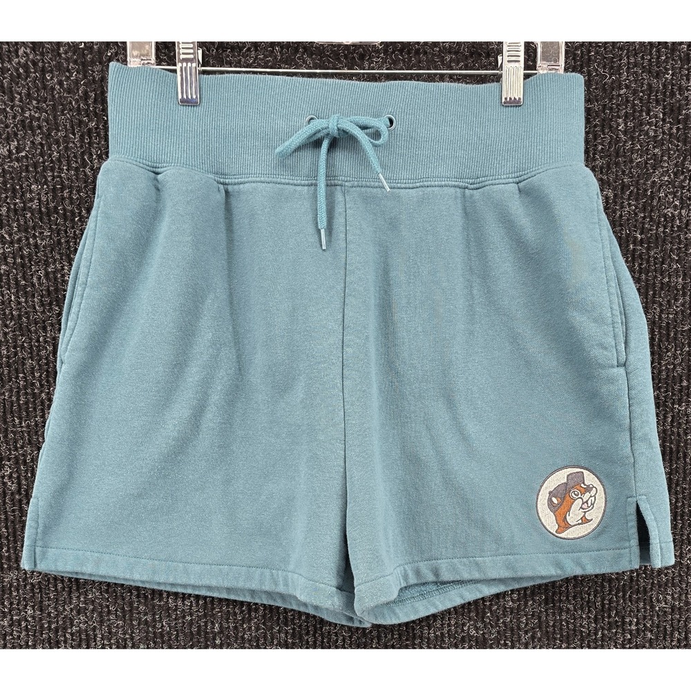Buc-ees Shorts Womens L Teal Fleece Lounge Drawstring Beaver Logo Pocket Travel
